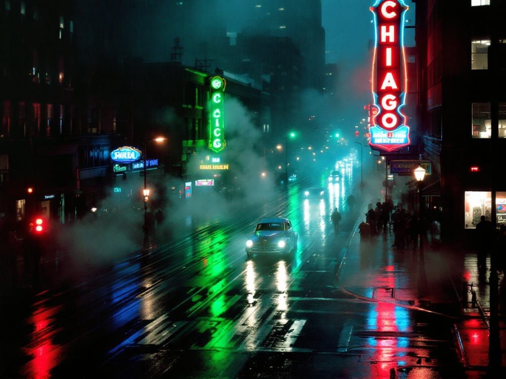Rainy Chicago Street at Night with Neon Lights