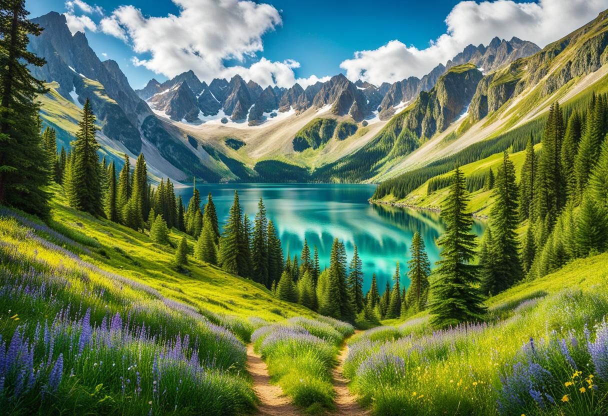 Mountain Lake Forest in Gouache Style