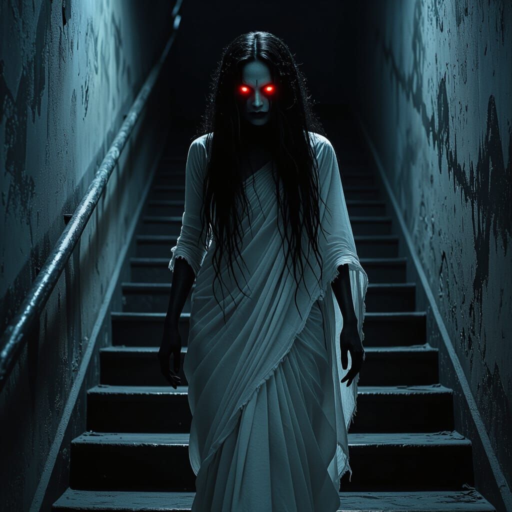Terrifying Female Ghost on Dimly Lit Stairs