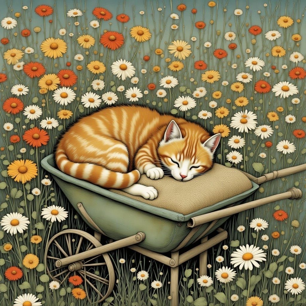 Cat Nap in Flowers: An Art Nouveau Vision