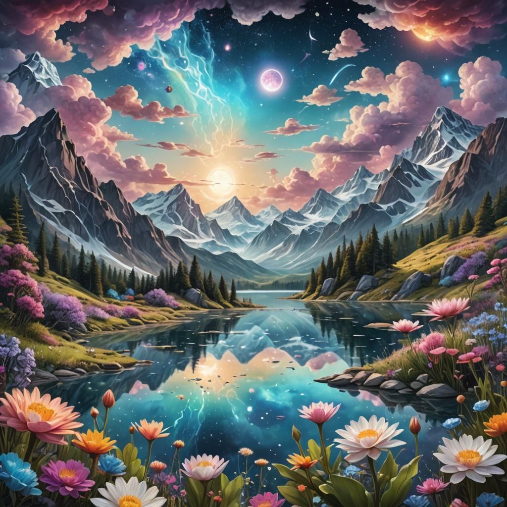 Detailed Mountain Lake Scene in Astral Illustration