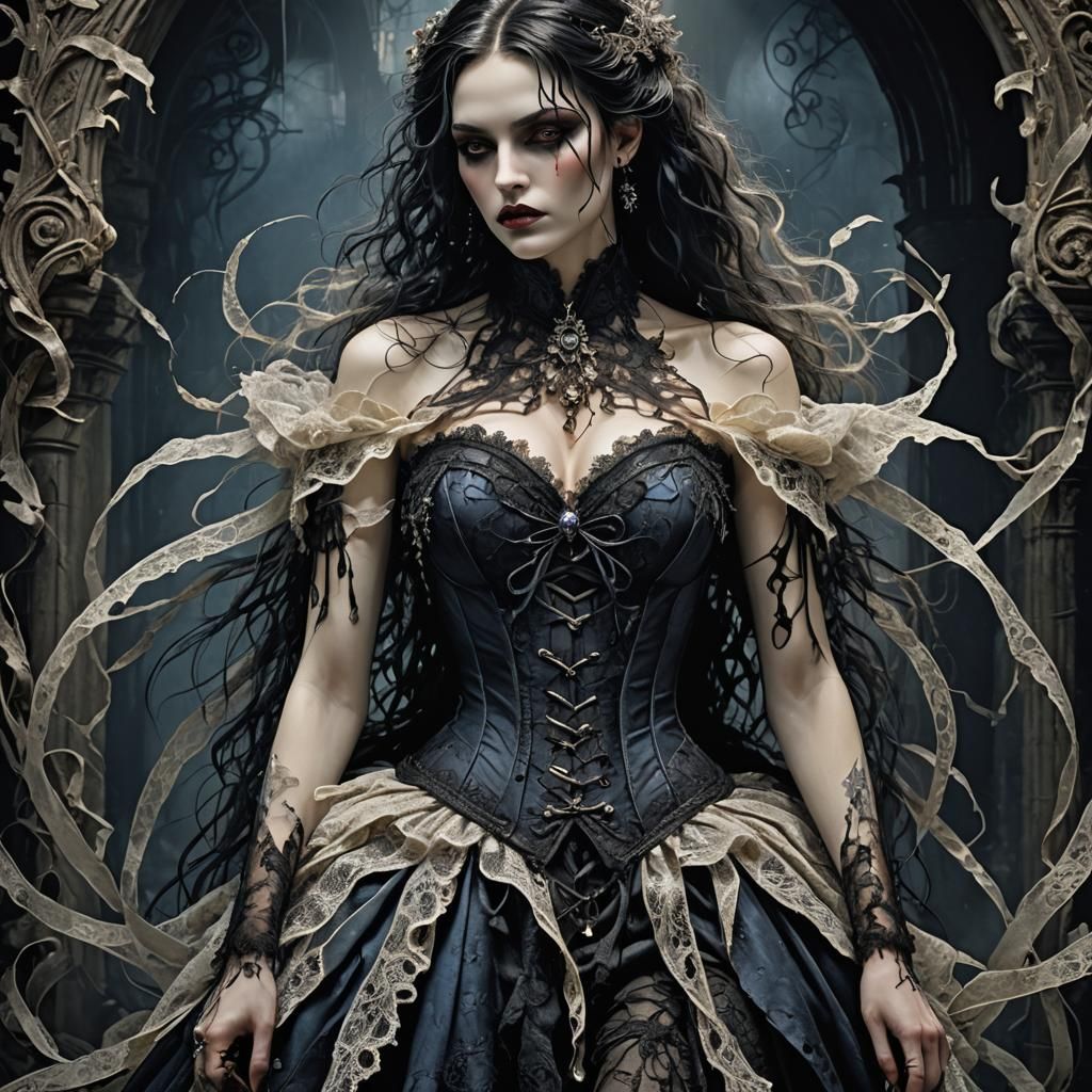 Gothic Vampire with Torn Lace in Dark Metallic Style