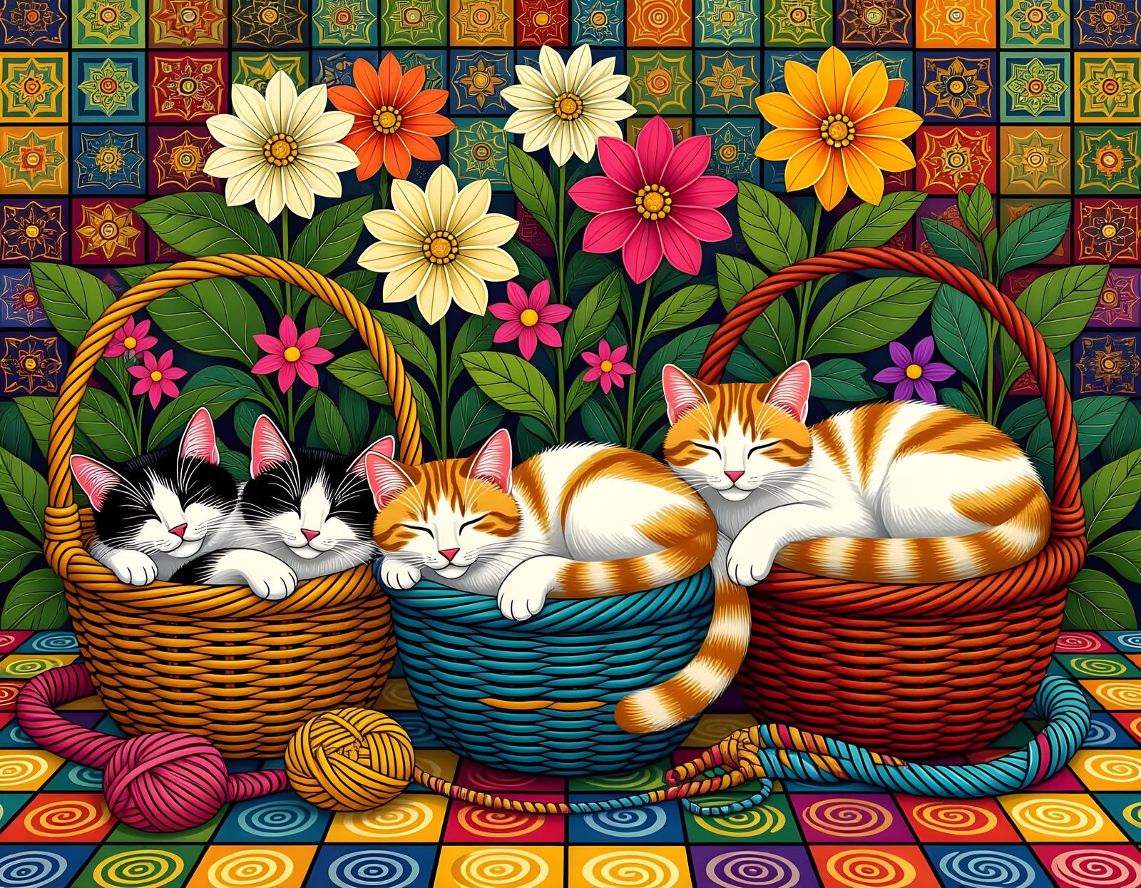 Calico Cats Sleeping Amidst Yarn and Fractals