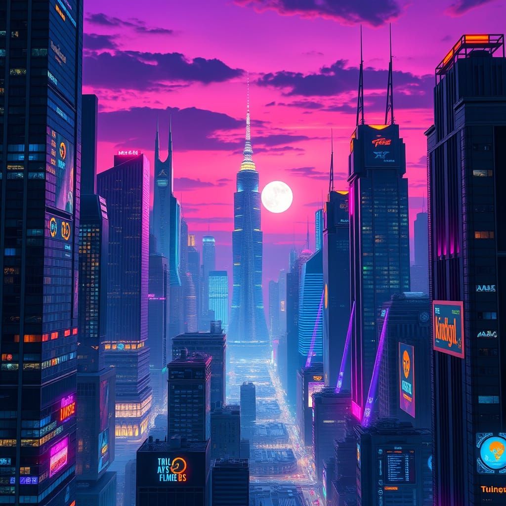 Epic Futuristic Cityscape at Dusk with Vibrant Skyscrapers a...