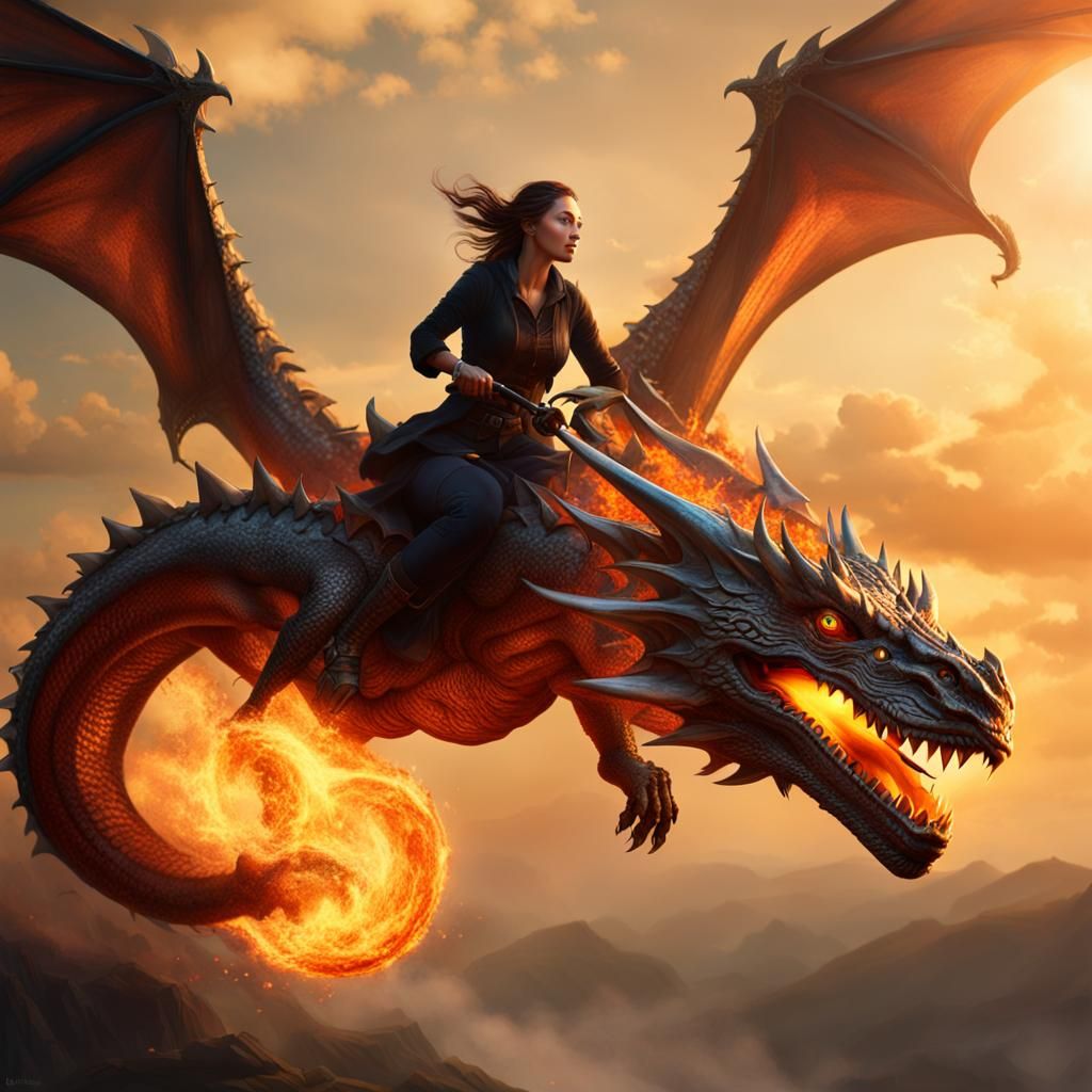 Woman Riding Dragon in Fantasy Realism