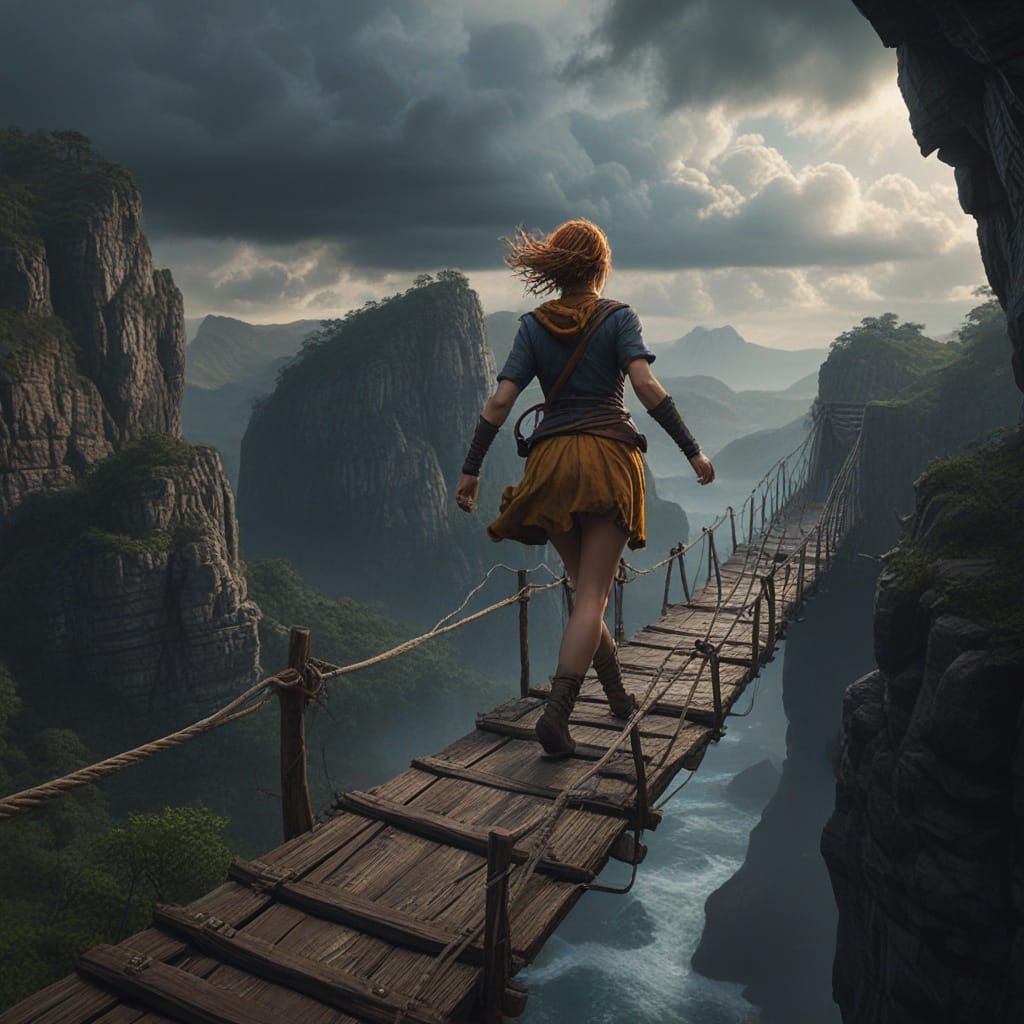 Fantasy Adventurer on a Treacherous Rope Bridge