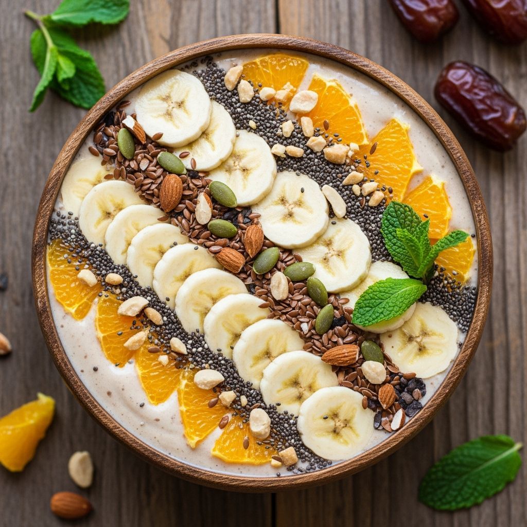 Delicious Banana Smoothie Bowl with Fruit and Seeds