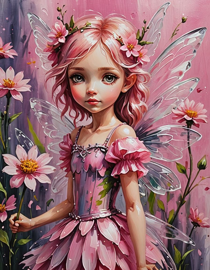 Pink Flower Fairy in Acrylic Painting Style