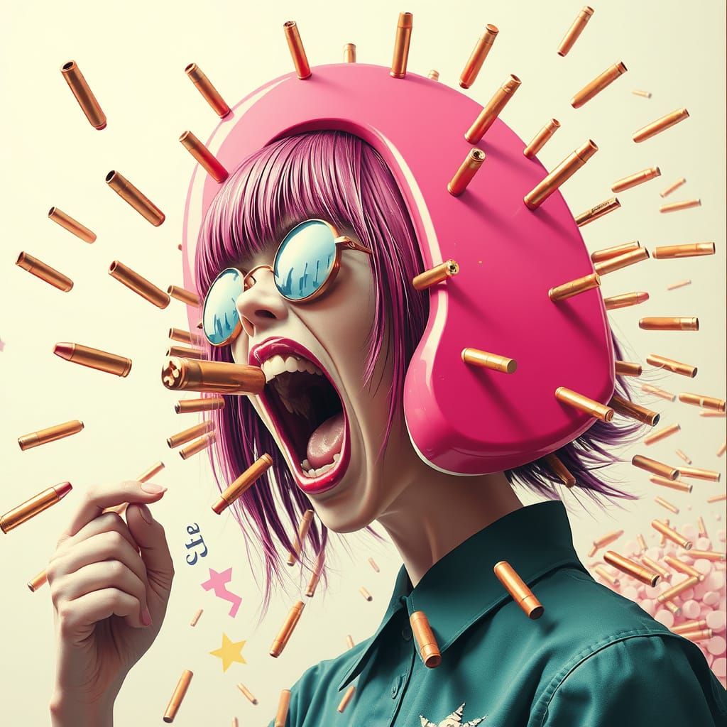Surreal Punk Girl with Magnet Head Attracting Bullets