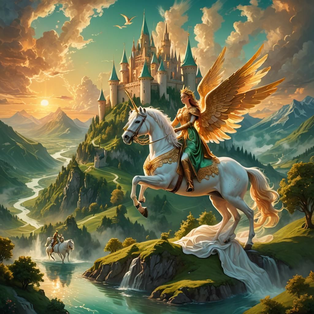Queen on Unicorn with Angels: Fantasy Matte Painting