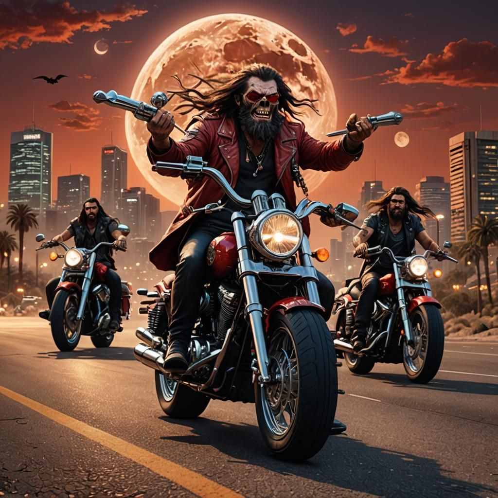 Rocker Band Bikers Ride into Futuristic Sunset