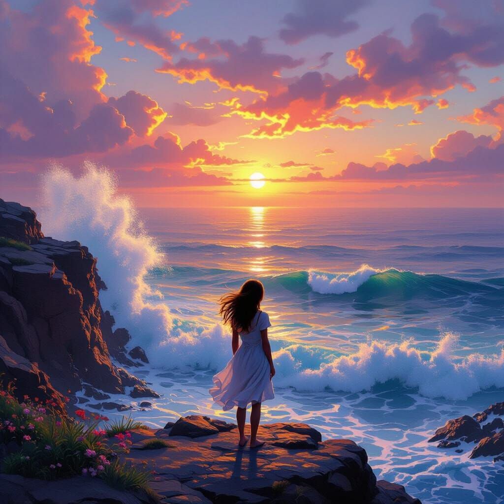 Woman Overlooking Ocean at Sunset in Ethereal Style