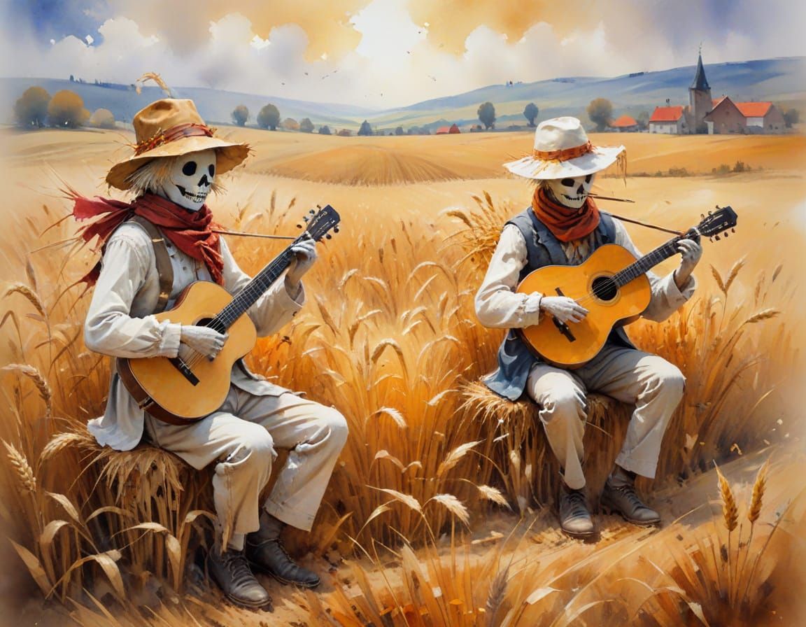 Scarecrow Musicians in Amber Wheat Field Watercolour