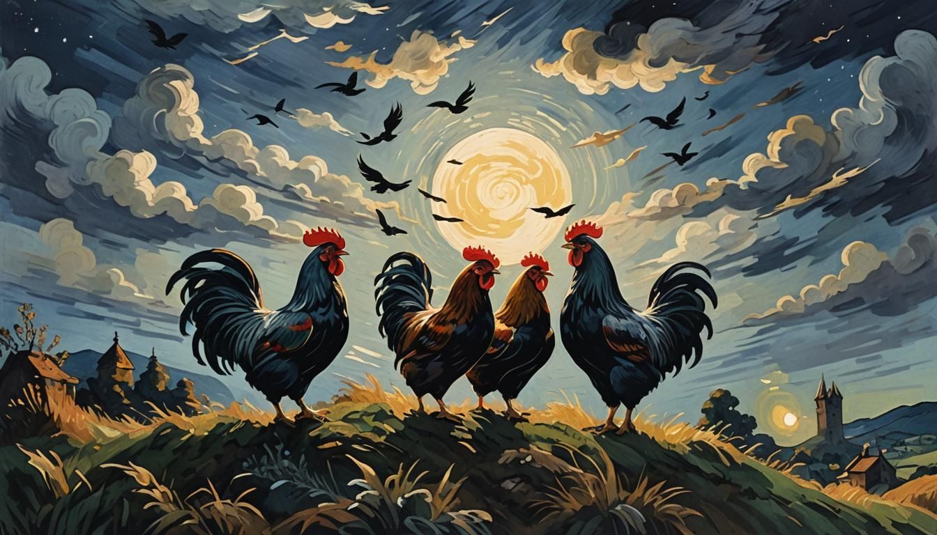 Silhouette of Chickens Fighting in Van Gogh Style