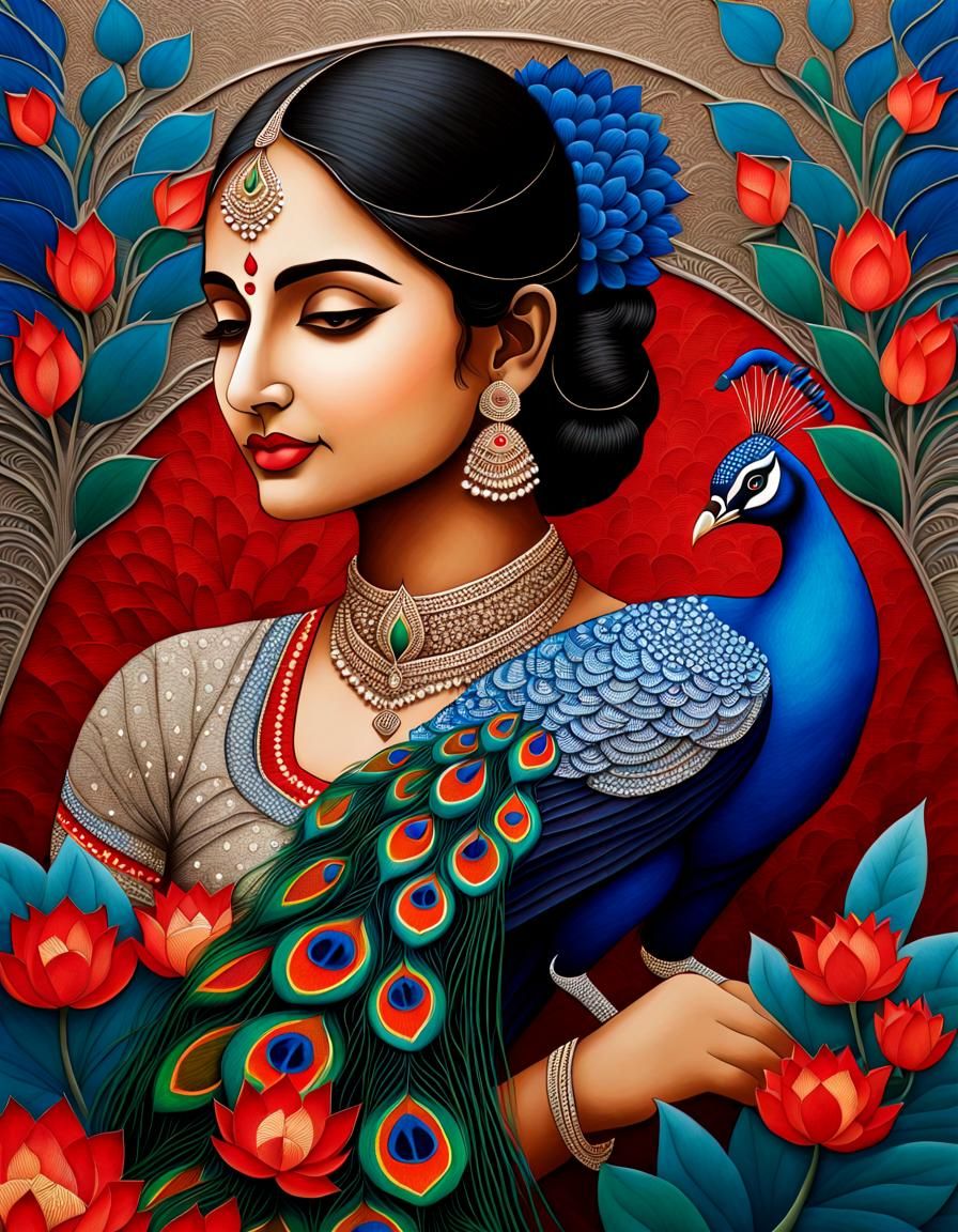 Woman with Peacock 3 - Gond style