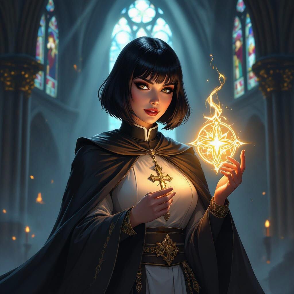 Curvy Priestess Wielding Holy Symbol in Gothic Cathedral