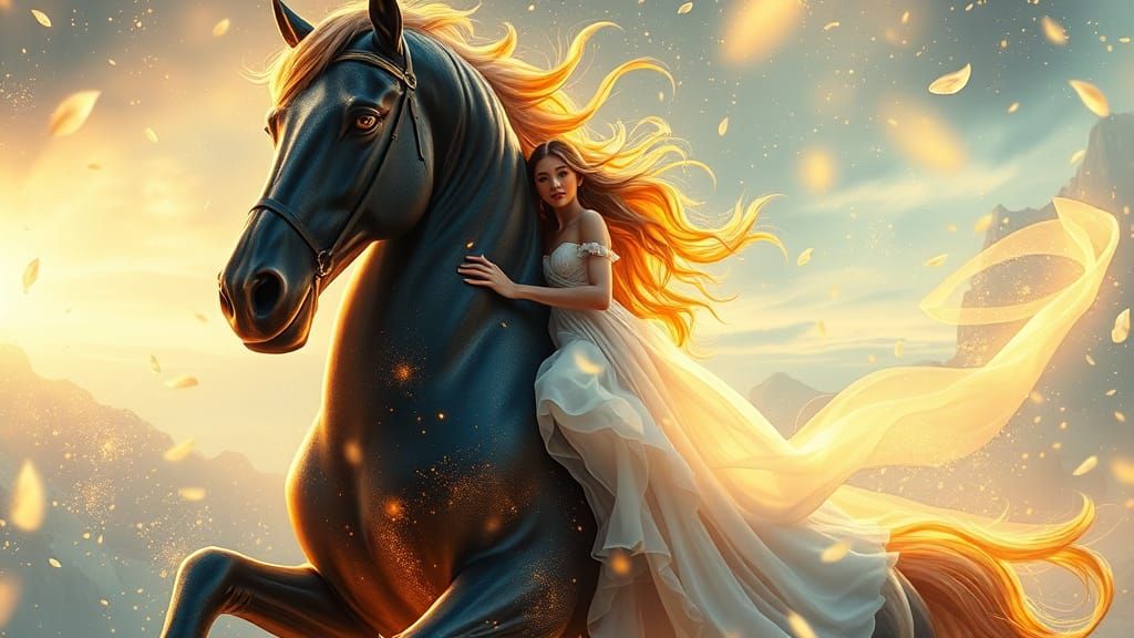 Cosmic Rider in Fiery Golden Hair and Bioluminescent Style