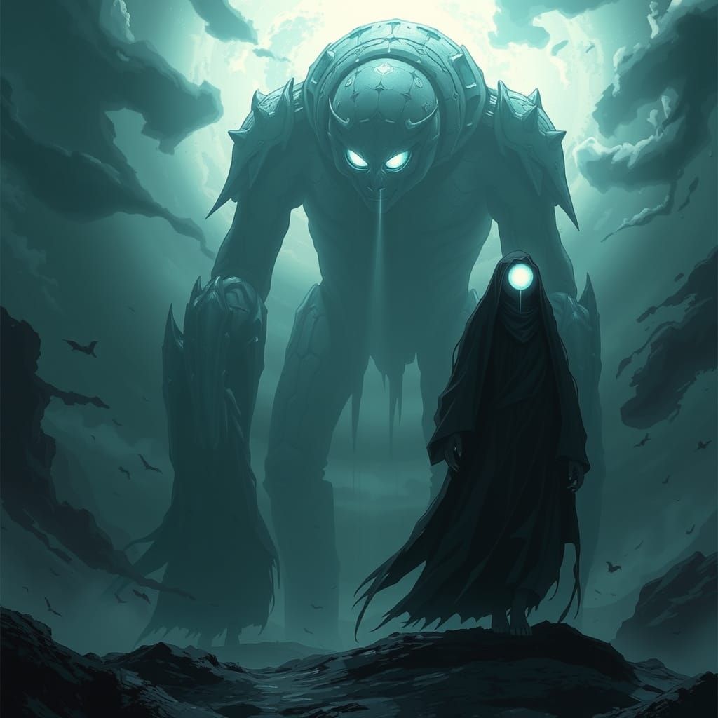 Ethereal Humanoids in Anime Style Dark Landscape