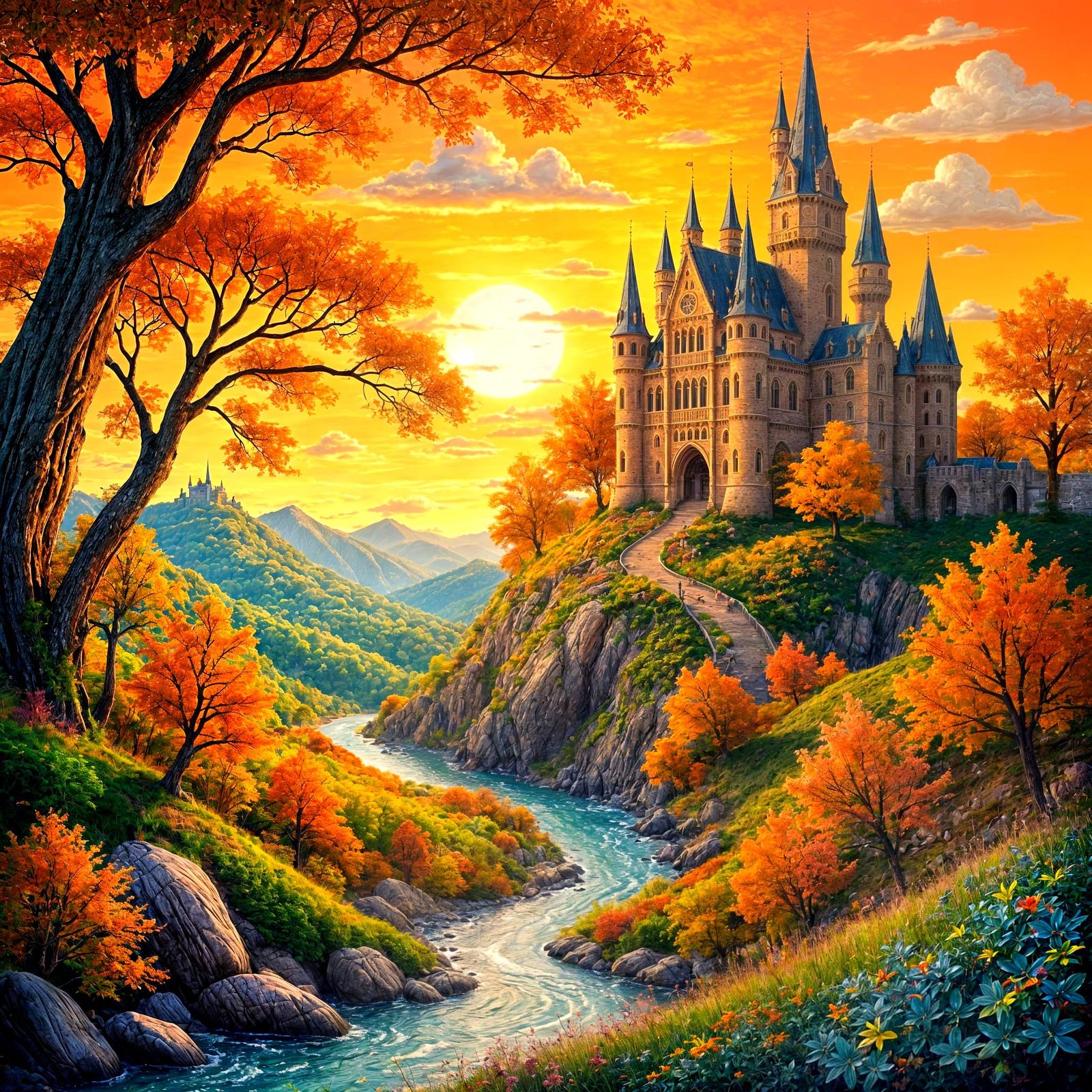 Surreal Autumn Castle in a Vibrant, Golden Landscape