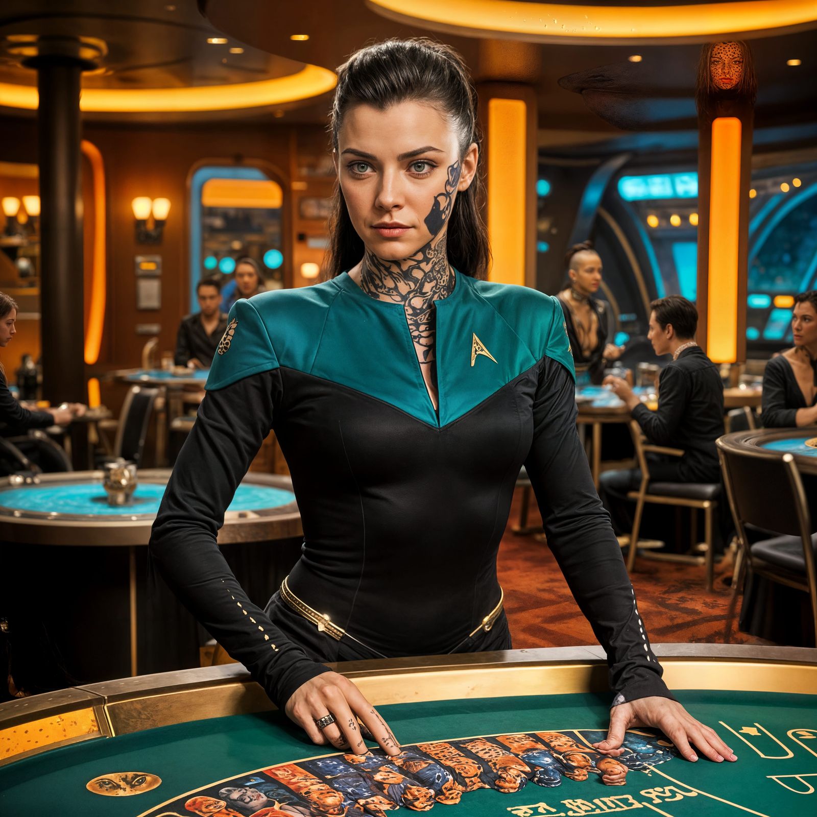 Jadzia Dax playing Tongo at Quarks