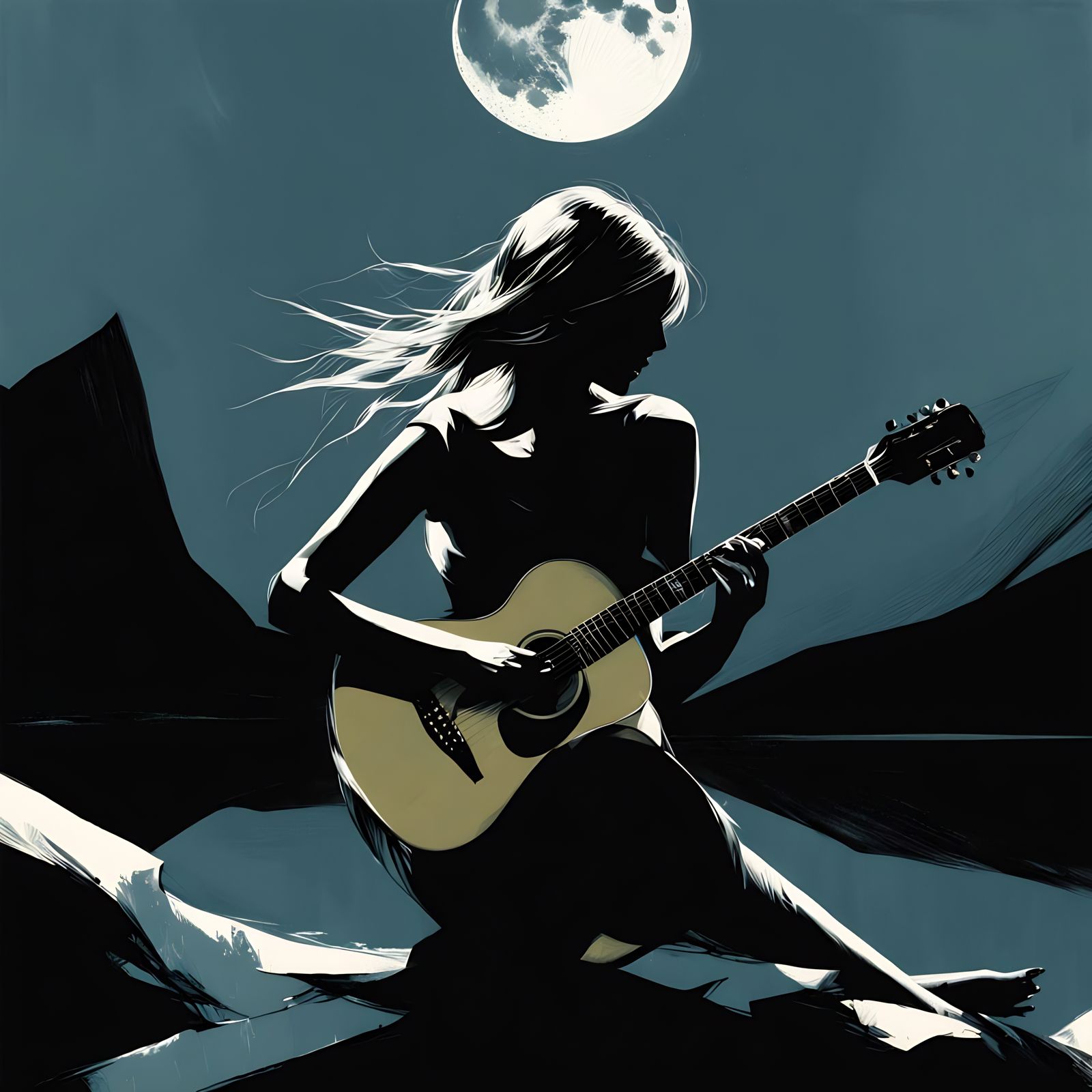 moonlight guitar scene by archipenko, andreas lie and russ mills and yoshitaka amano - non-generic confused, sad, female...