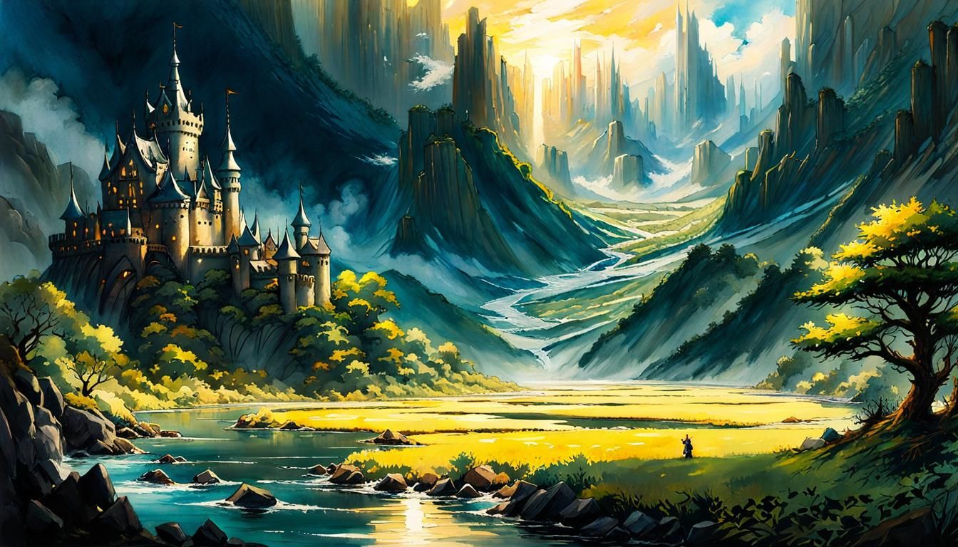 Dragon Castle in Epic Watercolor Fantasy World