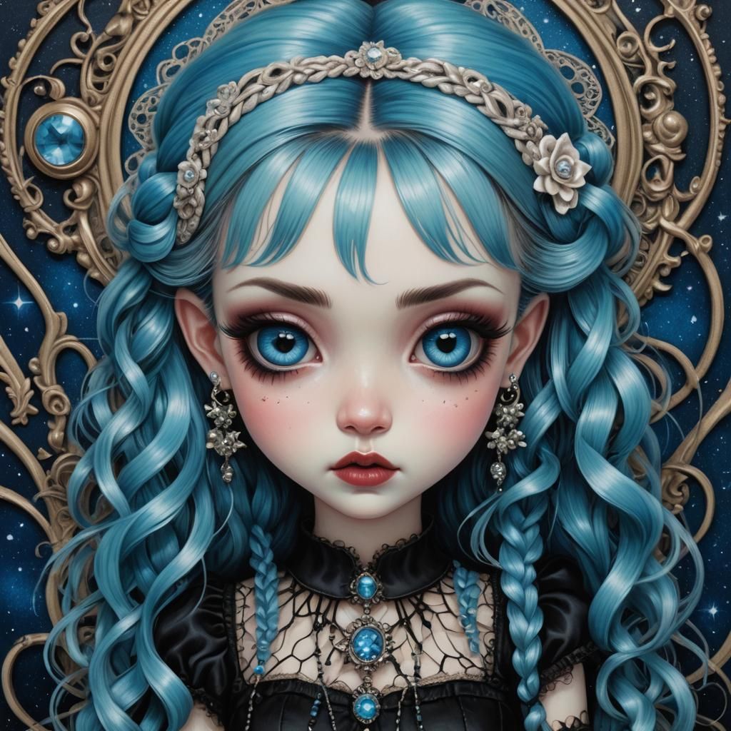 Neon Gothic Girl Portrait in Whimsical Lowbrow Style