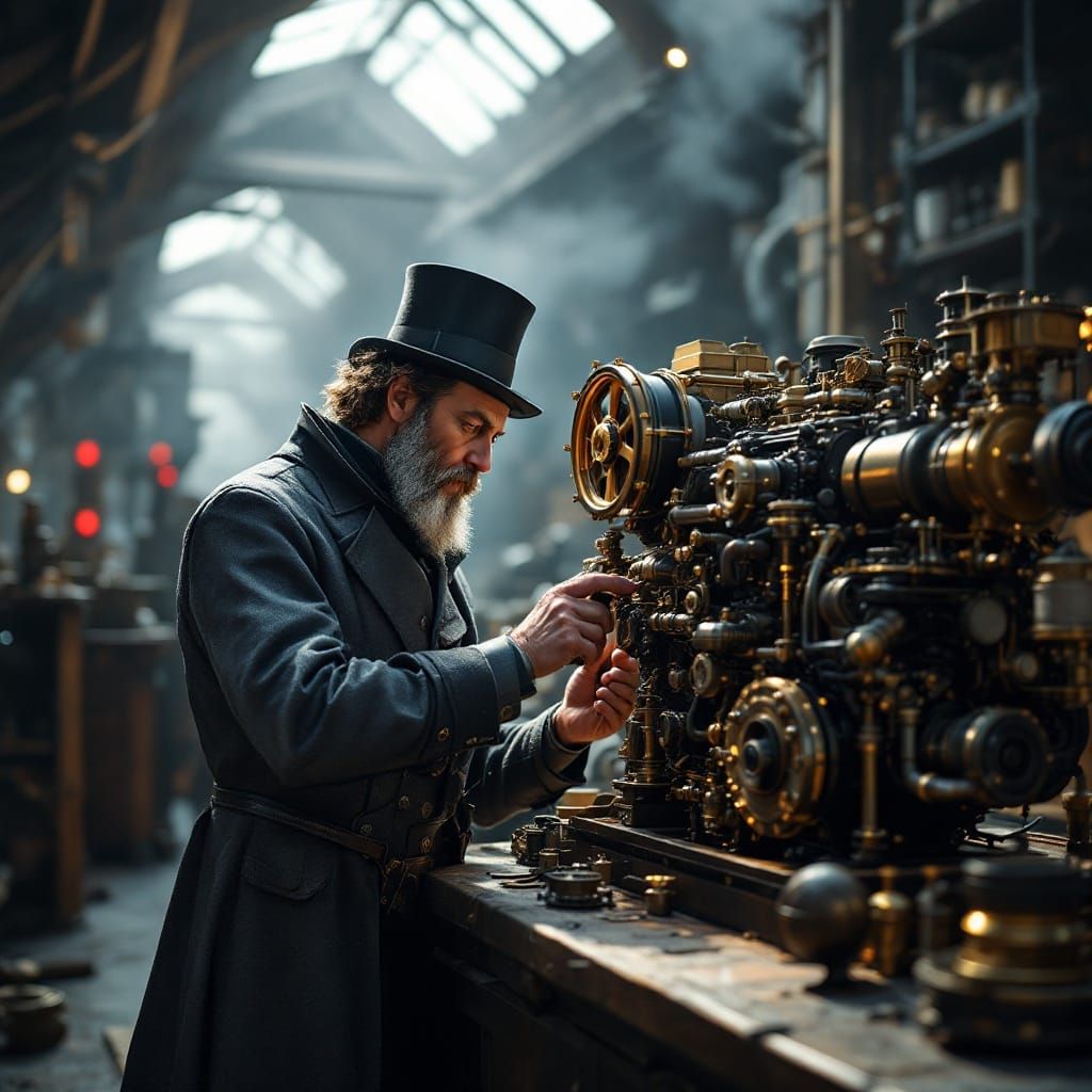 Brunel Inspects Steampunk Engine in Workshop: 3D Render