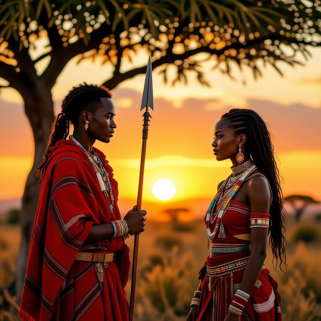 Maasai Warrior Gazes at Woman at Golden Sunset
