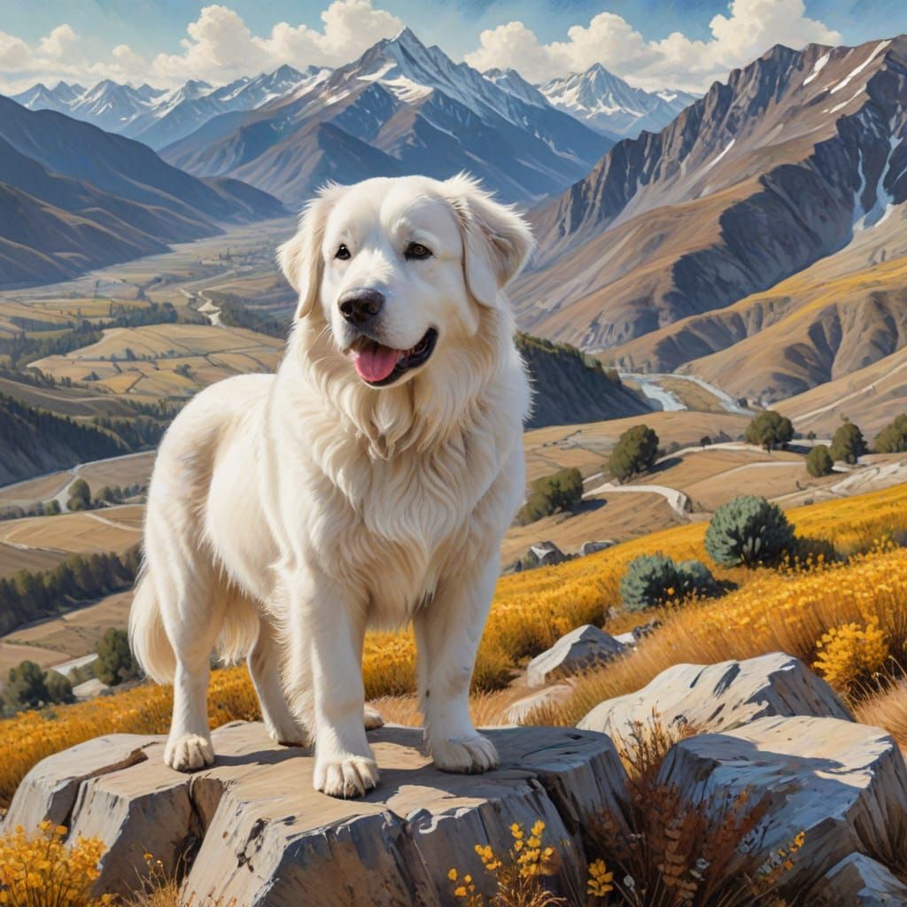 Great Pyrenees Dog in a Van Gogh-Inspired Watercolor Landsca...