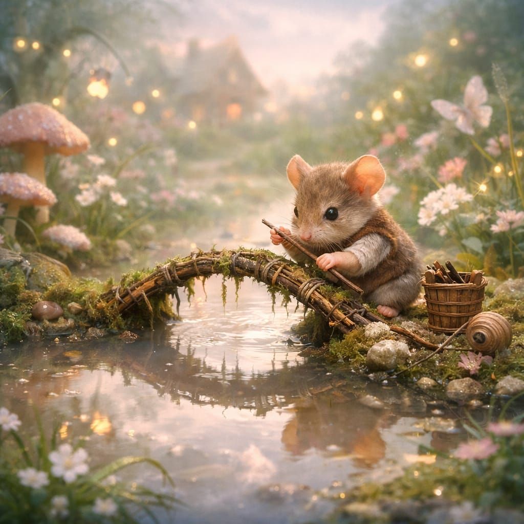 Mouse Builds Twig Bridge Over Puddle in Dreamcore Garden
