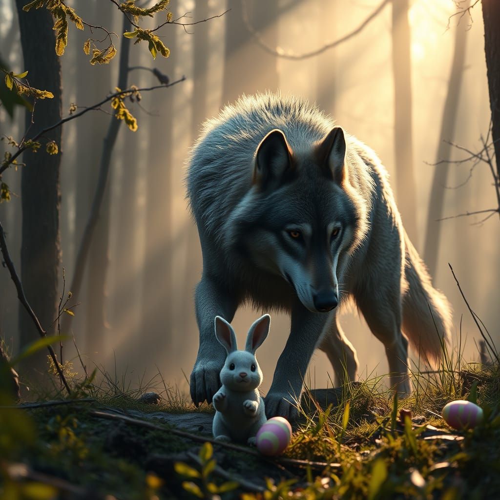 Majestic Timber Wolf Hunts Easter Bunny in Misty Woods