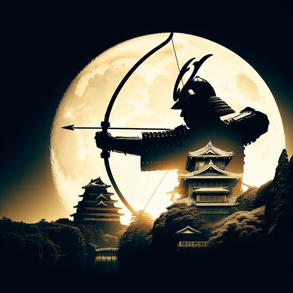 Samurai Archer Silhouette with Luminous Moon and Castle