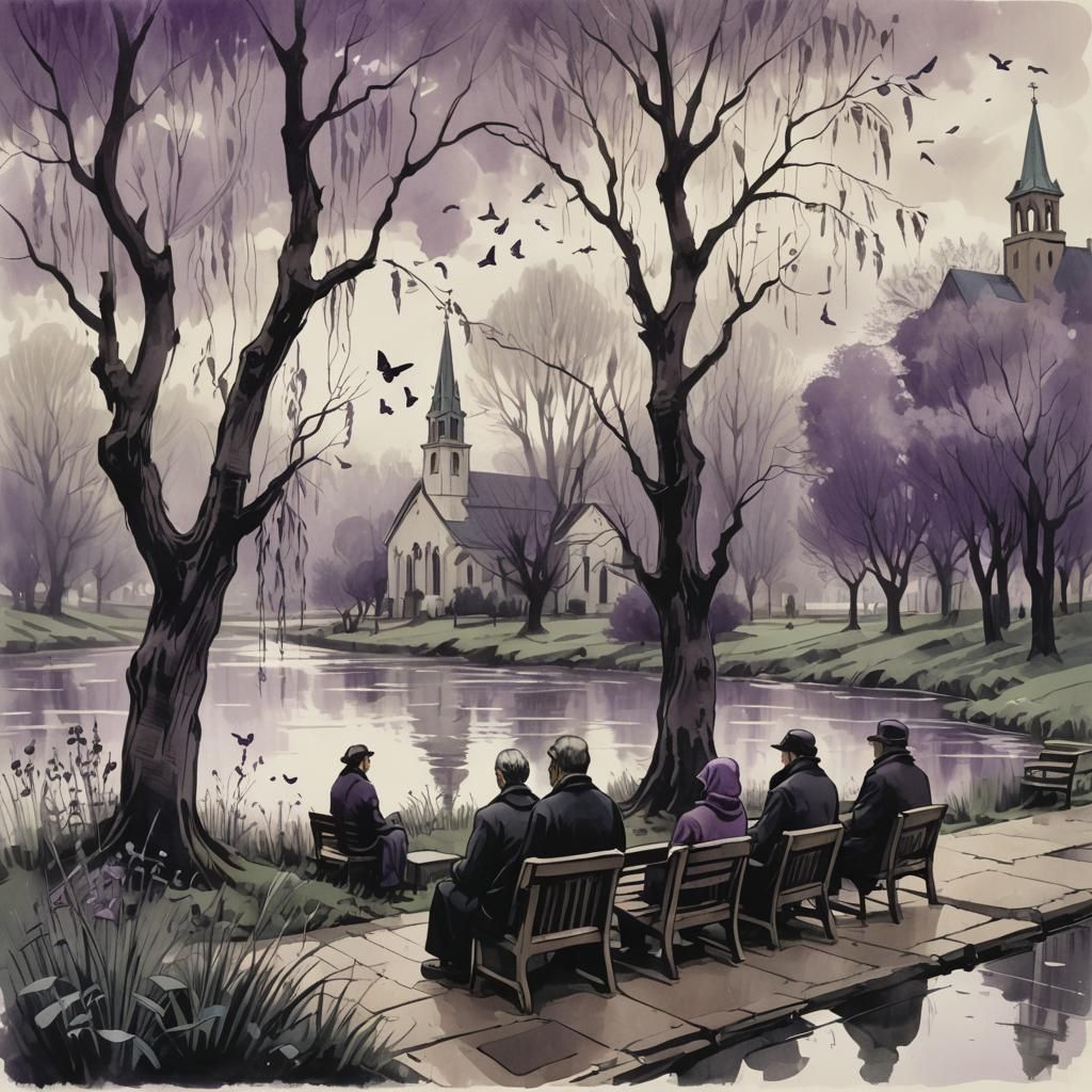 Melancholic Church Scene in Inkwash Vignette