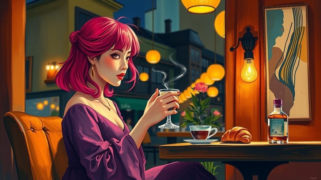 Girl in Night Cafe with Coffee and Croissant