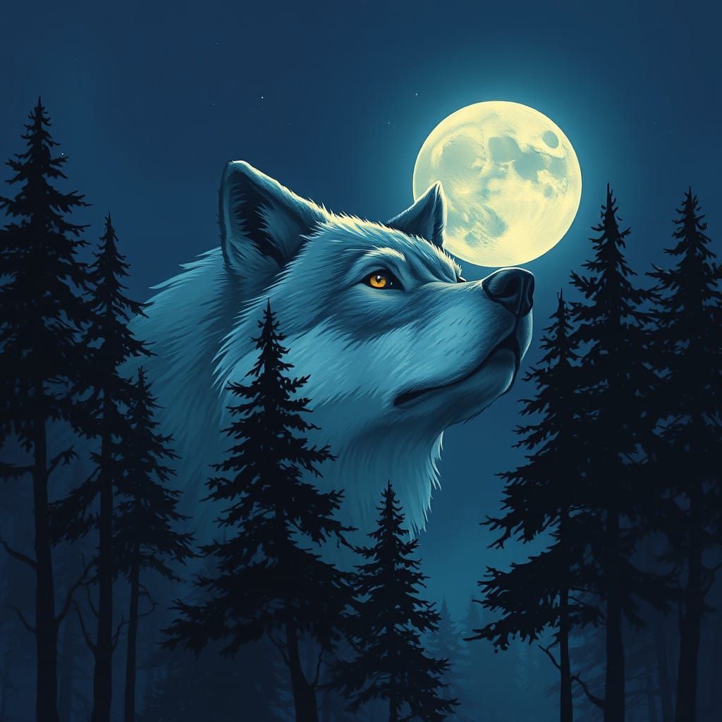 Wolf's Head Basks in Moonlit Forest Glow