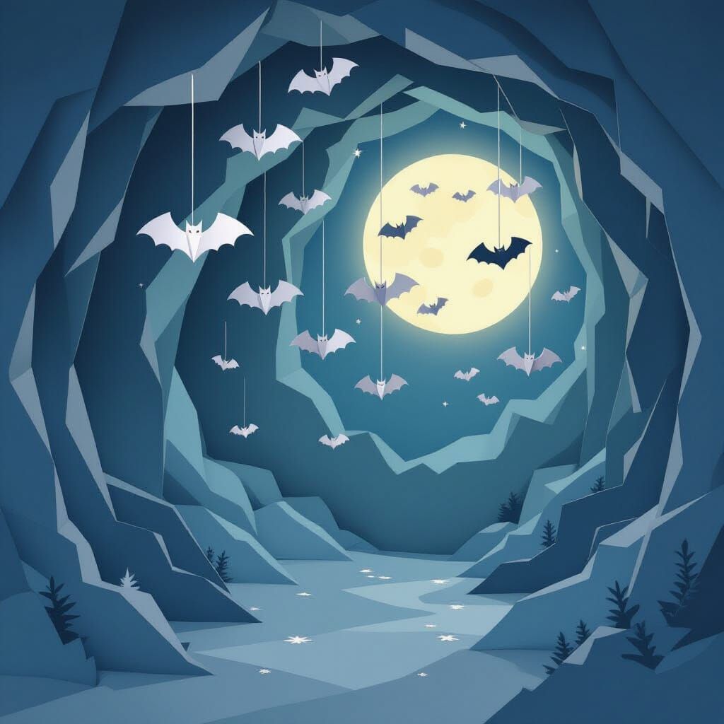 Paper Cave with Flying Paper Bats Under Paper Moon