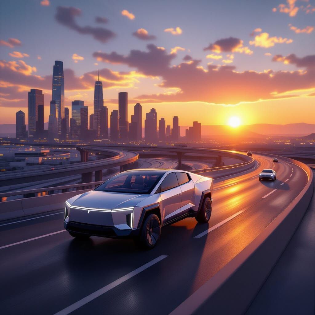 Tesla Cybertruck on Futuristic Hyper-Highway at Sunset