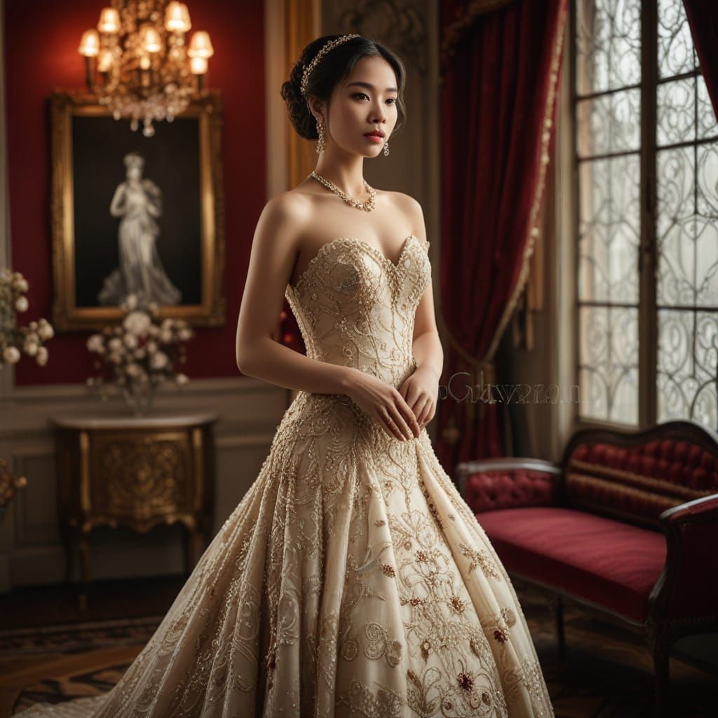 Elegant Asian Woman in Art Nouveau Ball Gown