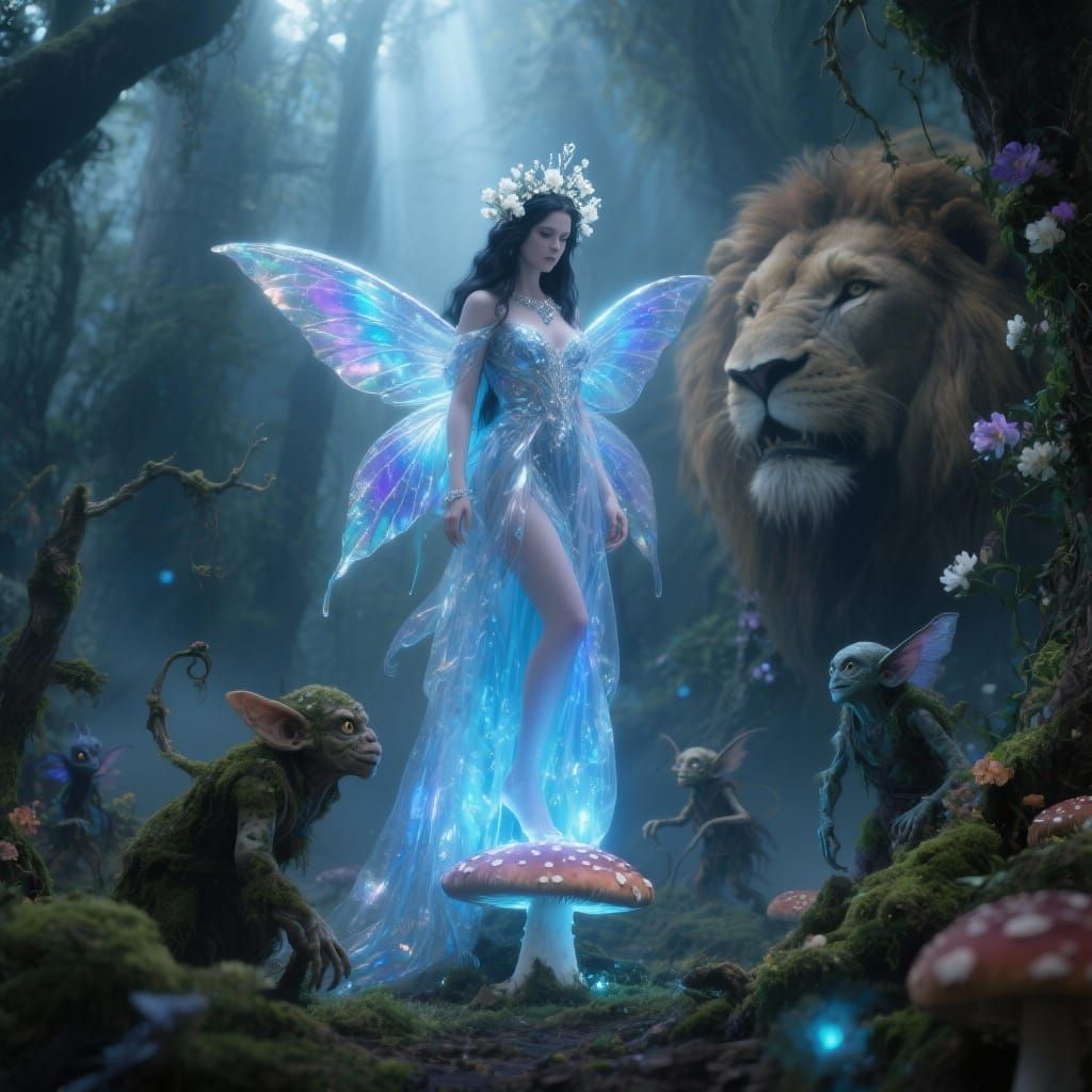 Fairy Queen on Mushroom Pedestal in Enchanted Forest