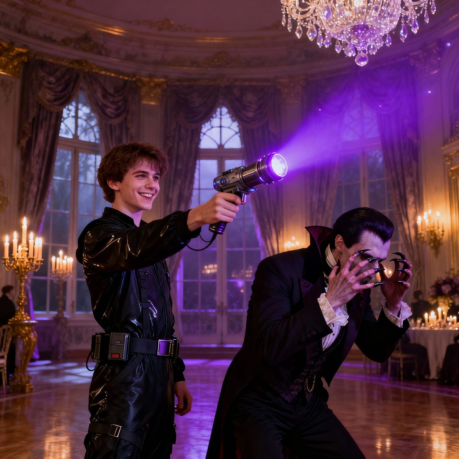Vampire Cower from Violet Light in Gothic Ballroom
