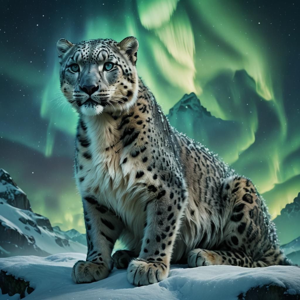 Snow Leopard with Northern Lights, Digital Painting