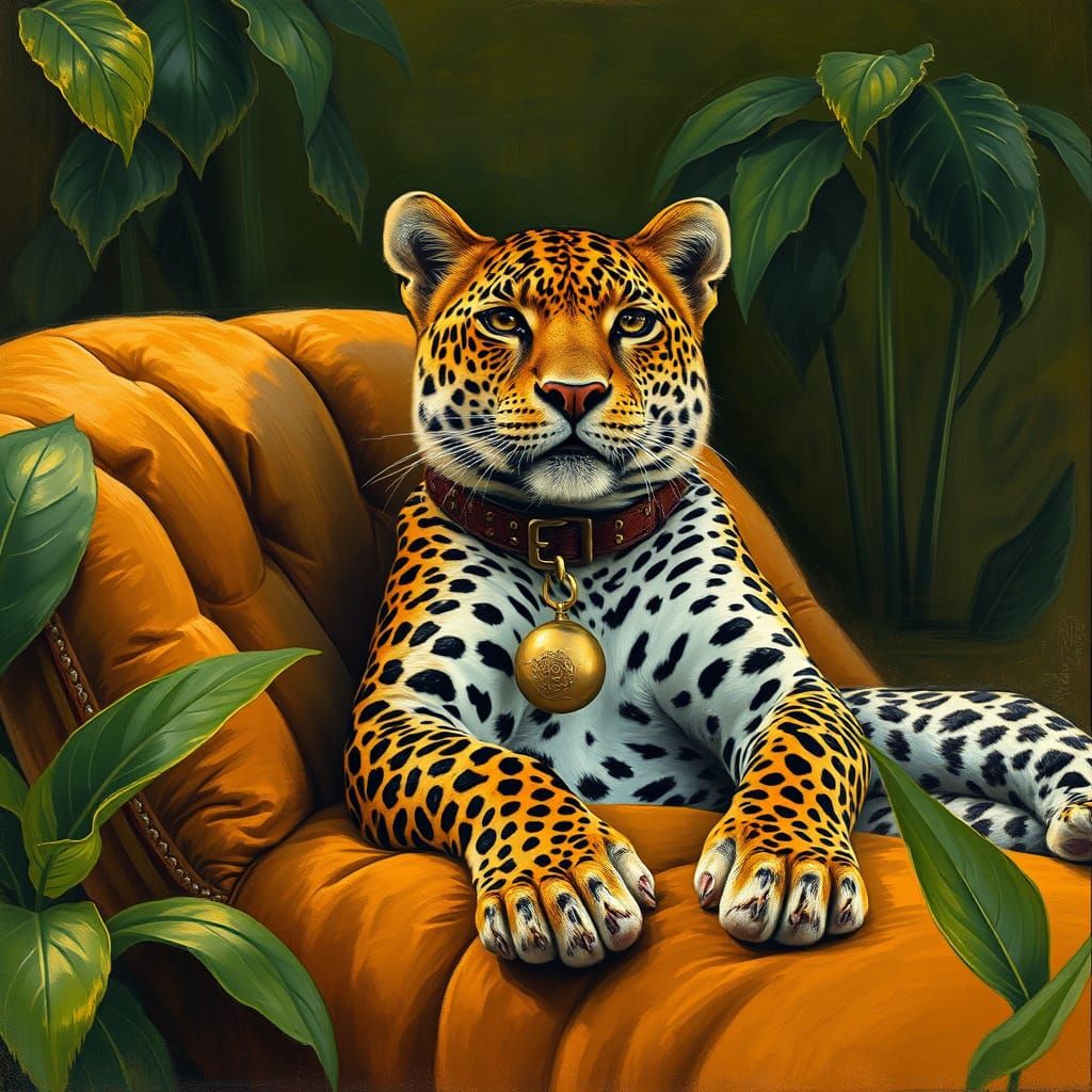 Leopard Lounging in Lush Greenery, Old Masters Style