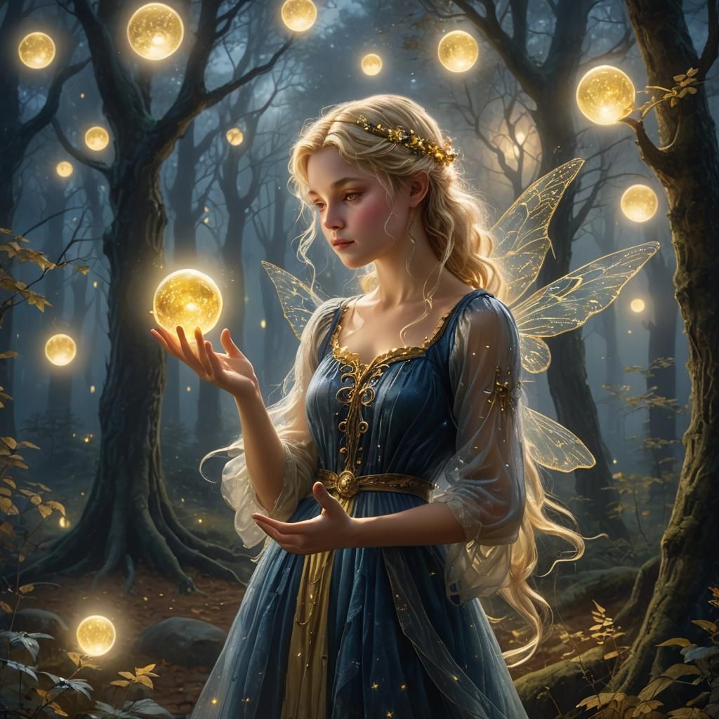 Moon Fairy Creates Magical Orb in Misty Forest