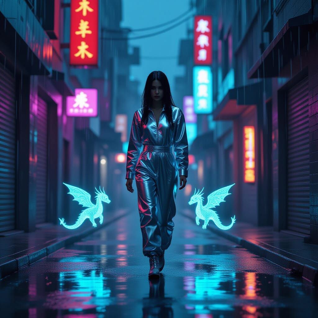 Neon Alley Walker with Dragon Spirits, Cyberpunk Style