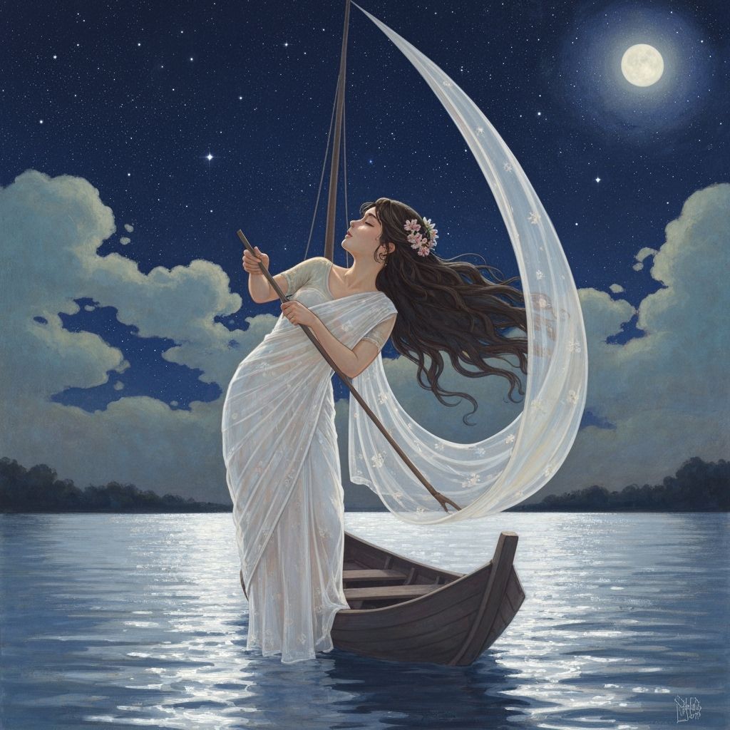 Girl Sailing at Night in Art Nouveau Style