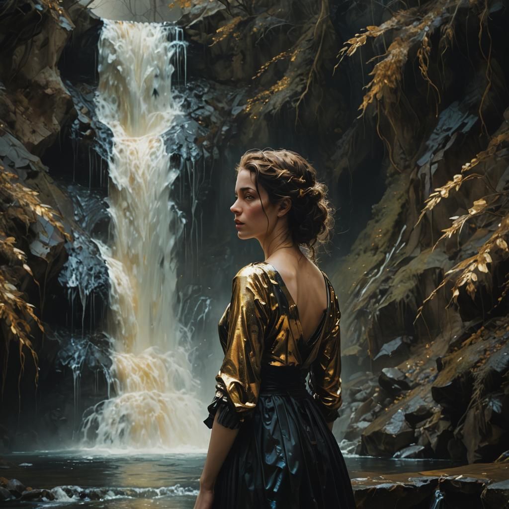 Baroque Surrealism: Woman at Waterfall with Chiaroscuro