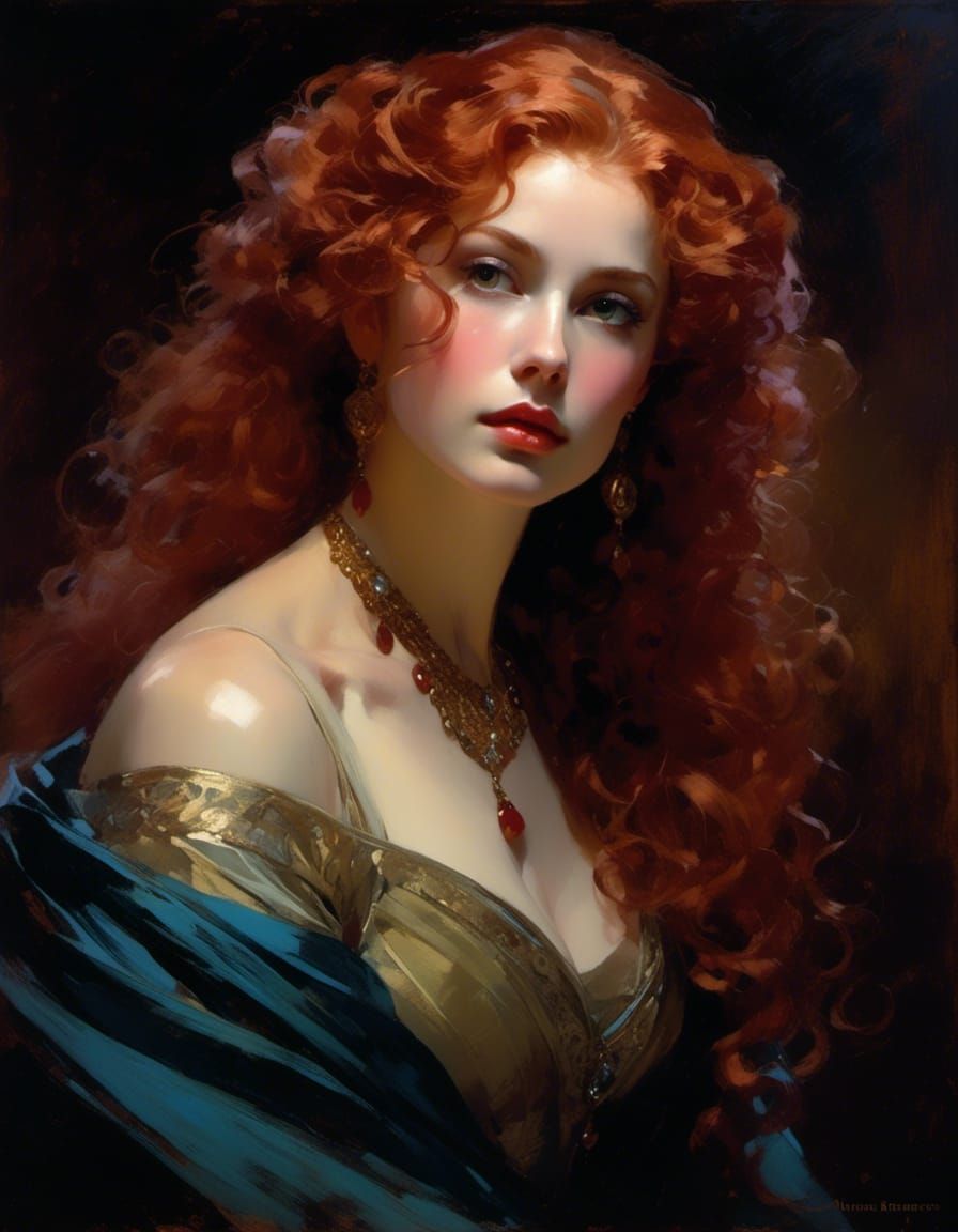 Exotic Auburn-Haired Queen in Dreamy Vignette