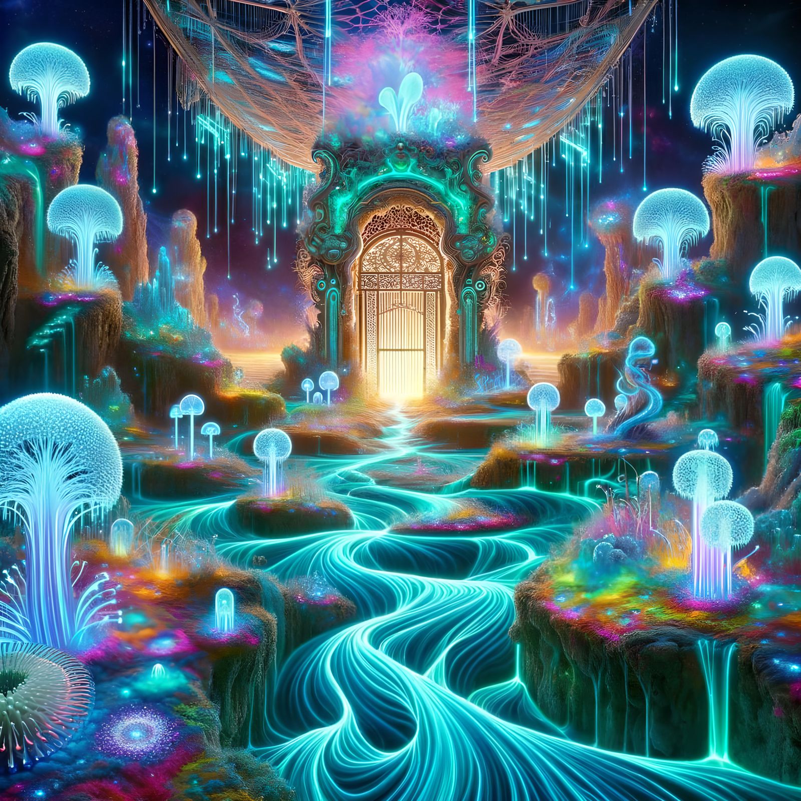 Surreal Neon Crystal Landscape with Plasma Rivers