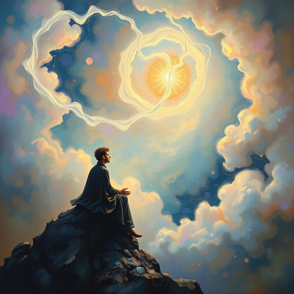 Dreamlike Figure Contemplates Cosmos in Surreal Style